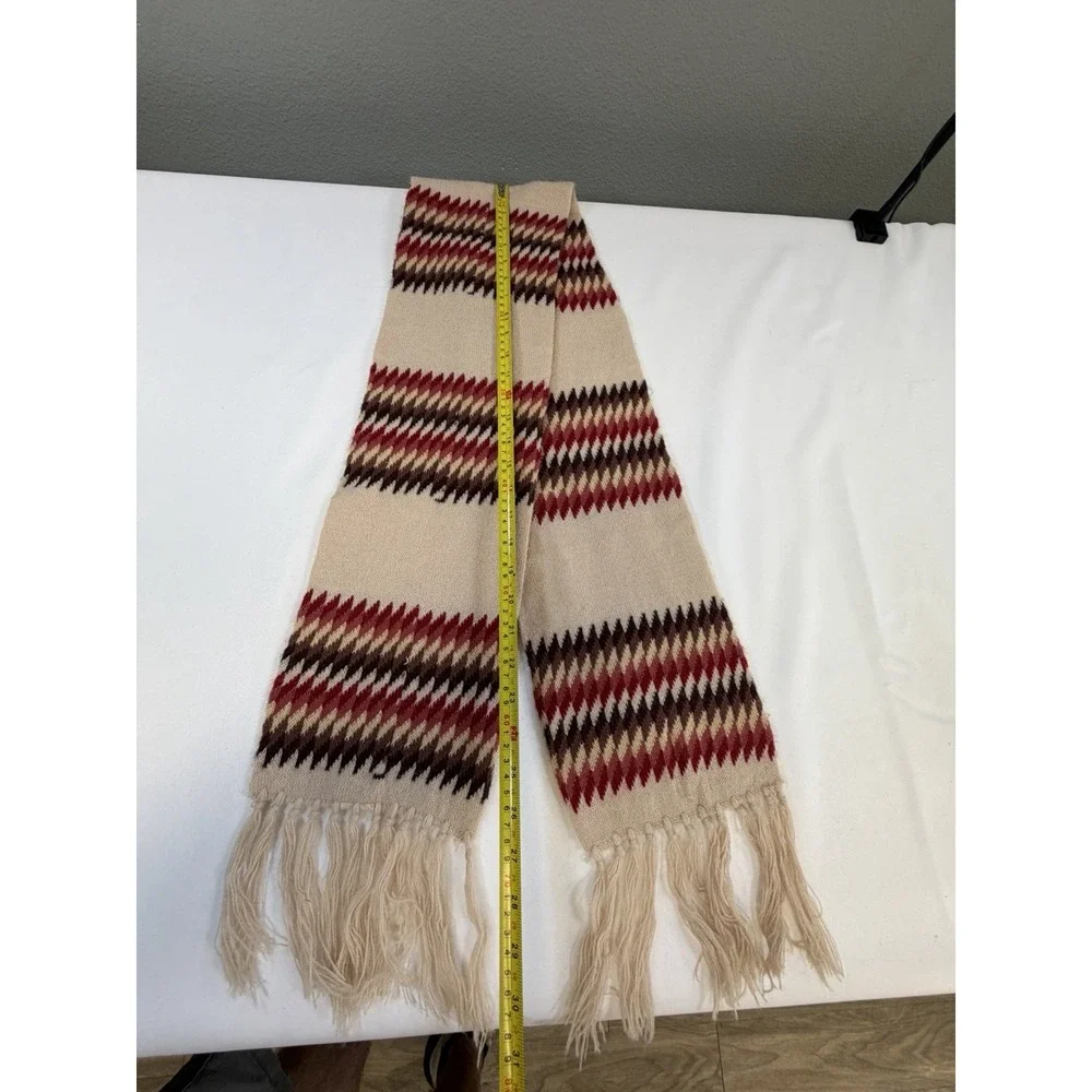 Vintage Knit Rectangle Scarf Argyle Chevron Fringe Beige Burgundy Brown Multi
